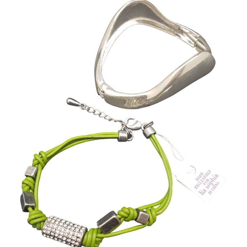 Two Lia Sophia Bangle Bracelets‎ Comrade & Wave Silver Pair NWT New Rhinestones